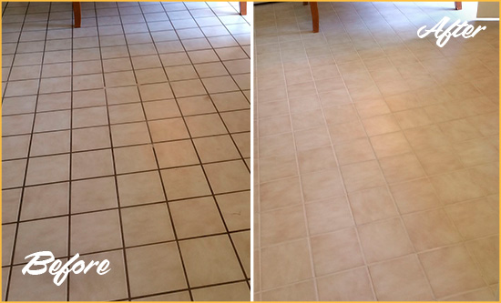 Before and After Picture of a Devon Kitchen Tile and Grout Cleaned to Remove Embedded Dirt