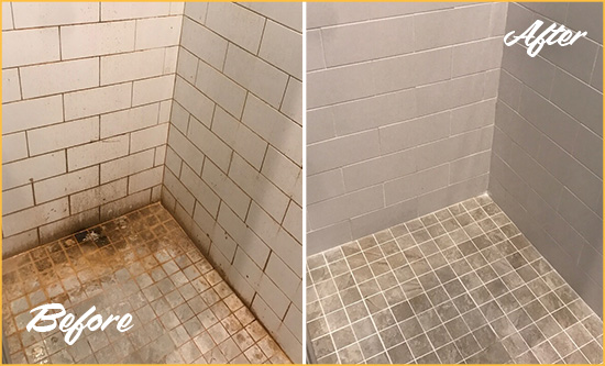 Before and After Picture of a Saint Peters Shower Tile and Grout Cleaned to Eliminate Mold and Stains