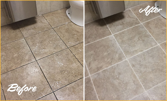 Before and After Picture of a Cheyney Restroom Tile and Grout Cleaned to Remove Soil