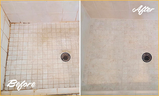 Before and After Picture of a Valley Forge Shower Caulked to Fix Cracks