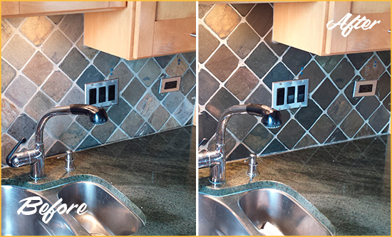 Before and After Picture of a Modena Backsplash Caulked to Fix and Prevent Water Leaks