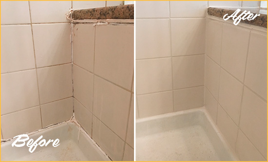 Before and After Picture of a Unionville Shower Caulked to Repair Damaged Caulking