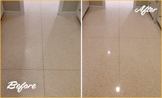 Before and After Picture of a Immaculata Granite Stone Floor Polished to Repair Dullness