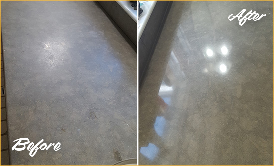 Before and After Picture of a Dull Thornton Limestone Countertop Polished to Recover Its Color