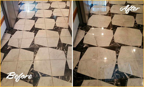 Before and After Picture of a Dull Valley Forge Marble Stone Floor Polished To Recover Its Luster