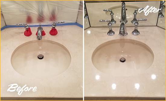 Before and After Picture of a Dull Spring Mount Marble Stone Vanity Top Polished to Bring-Back Its Sheen