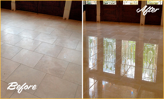 Before and After Picture of a Dull Audubon Travertine Stone Floor Polished to Recover Its Gloss