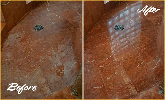 Before and After Picture of a Gradyville Marble Stone Shower Polished to Eliminate Mineral Deposits