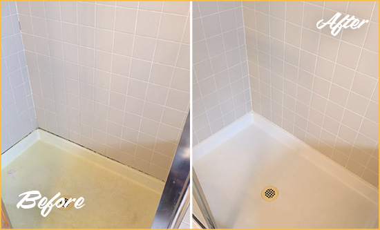 Before and After Picture of a Lewisville Shower Sealed to Remove and Protect Against Mold