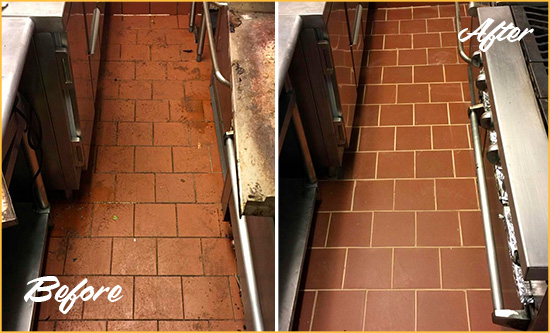 Before and After Picture of a Gradyville Restaurant Kitchen Floor Sealed to Remove Soil
