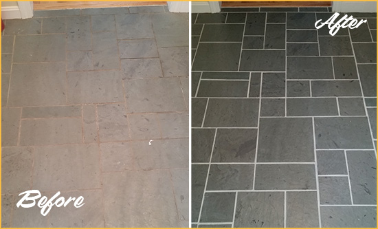 Before and After Picture of a Avondale Slate Floor Cleaned to Remove Deep-Seated Dirt