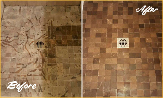 Before and After Picture of a Stained Radnor Marble Shower Floor Cleaned to Remove Etching