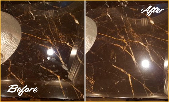 Before and After Picture of a Radnor Marble Countertop Cleaned to Remove Water Spots