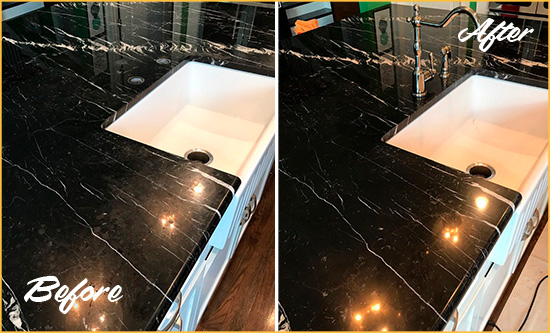 Before and After Picture of a Spring Mount Marble Kitchen Countertop Stone Sealed to Avoid Water Damage