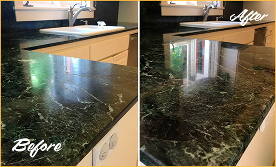 Before and After Picture of a Immaculata Marble Kitchen Countertop Honed to Remove Water Marks