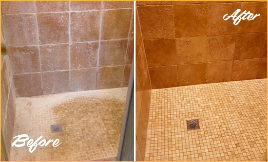 Before and After Picture of a Landenberg Travertine Shower Honed to Remove Mineral Deposits