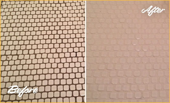 Before and After Picture of a Malvern Mosaic Tile floor Grout Cleaned to Remove Dirt