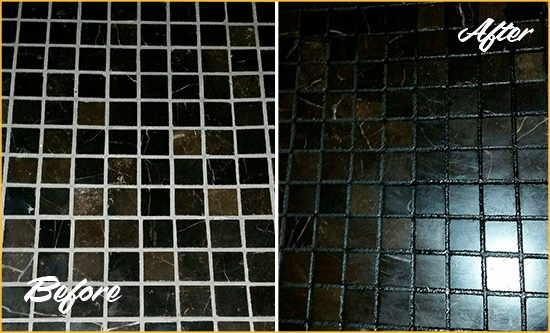 Before and After Picture of a Valley Forge Black Floor with Recolored Grout