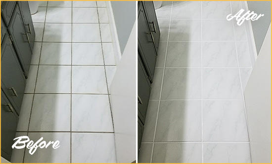 Before and After Picture of a Gladwyne White Ceramic Tile with Recolored Grout