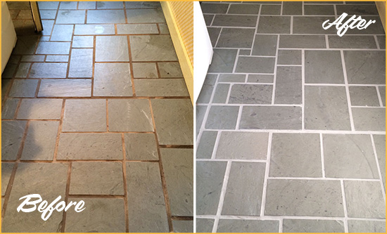 Before and After Picture of Damaged Malvern Slate Floor with Sealed Grout