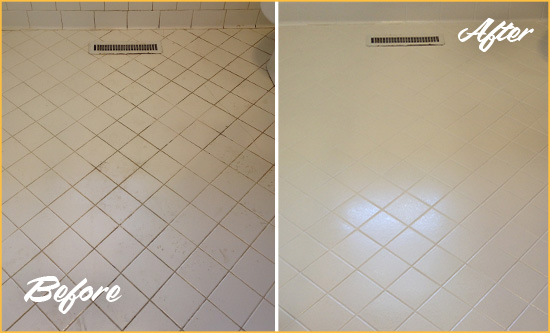 Before and After Picture of a Immaculata White Bathroom Floor Grout Sealed for Extra Protection