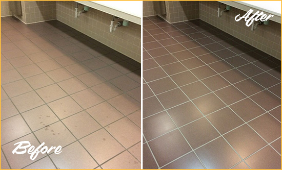 Before and After Picture of Dirty Gradyville Office Restroom with Sealed Grout