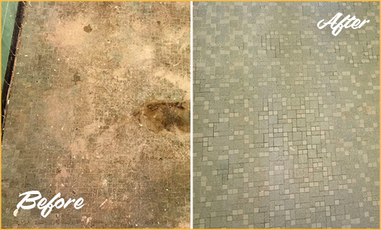 Before and After Picture of a Chadds Ford Mosaic Shower Cleaned to Eliminate Embedded Dirt