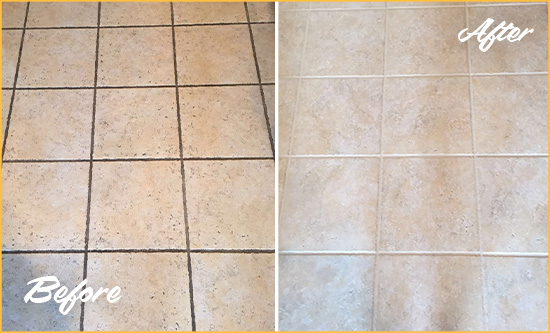 Before and After Picture of a New London Ceramic Floor Cleaned to Remove Soil