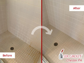 Shower Before and After Our Hard Surface Restoration in Spring City, PA