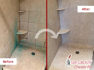 Before and After Picture of a Grout Cleaning in Glenmoore, PA