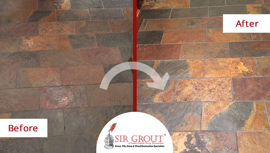 Stone Sealing in Glen Mills, PA Restored This Dull Slate Floor to a Satin Finish