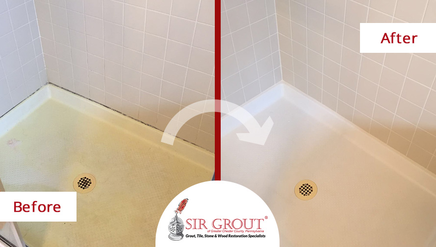 Before and After Picture of Bathroom Caulking Service in Collegeville, Pennsylvania