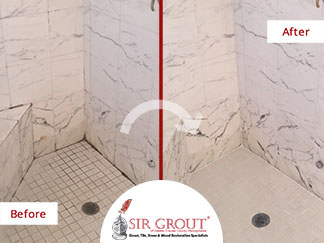 Before and After Picture of a Marble Stone Shower Cleaning Job in Gladwyne, Pennsylvania