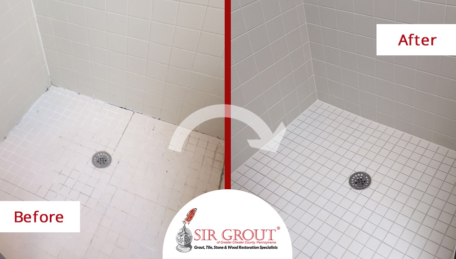 Before and After Picture of a Shower Grout Sealing Service in Chester Springs, PA