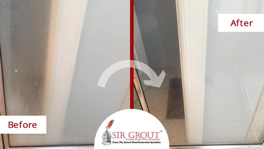 Before and After Picture of a Grout Sealing Service in Chester Springs, PA - Bathroom Doors