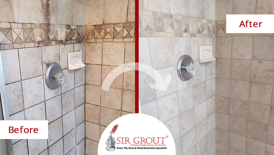 Before and After Picture of a Grout Cleaning in Chester Springs, Pennsylvania