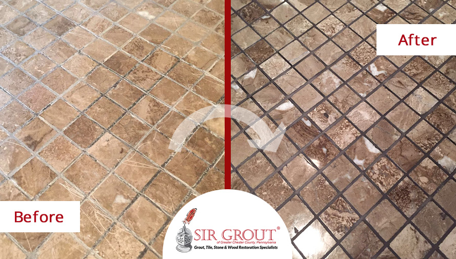Before and After of a Marble Shower Floor Grout Recoloring Service in Wayne, PA