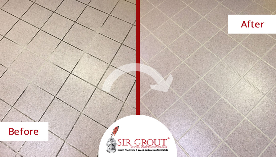 Before and After Picture of a Restroom's Floor Grout Cleaning Service in Paoli, PA