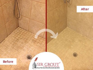 Before and After Picture of a Shower Grout Cleaning Service in Wayne, Pennsylvania