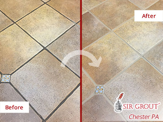 Before and after Picture of a Grout Cleaning Job Done in Just One Day in Narberth, PA