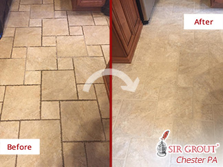 Before and after Picture of This Grout Cleaning Job in Collegeville, PA, That Restored the Beauty of This Floor