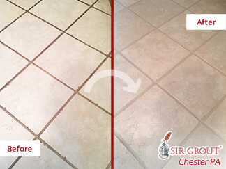 Before and after Picture of This Ceramic Floor after Our Grout Cleaning Service in Downingtown, PA