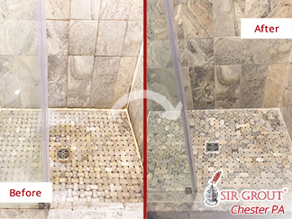 Before and after Picture of Our Stone Cleaning Service to This Natural Stone Shower in Royersford, PA