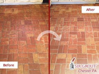 Before and after Picture of This Terracotta Floor after a Stone Cleaning Service in Gladwyne, PA