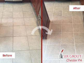 Before and after Picture of This Kitchen Floor after a Grout Cleaning Job in Malvern, PA