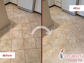 Before and after Picture of a Tile and Grout Cleaning Job in Gladwyne, PA