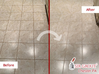 Before and After Picture of a Grout Cleaning Process in Devon, PA