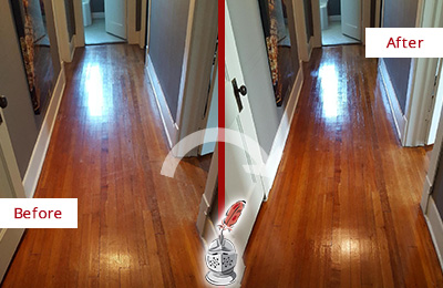Sir Grout Refinished This Chester Heights Wood Floor with a Sandless Refinishing Service to Eliminate Scratches Before and After Picture of a Chester Heights Wood Sandless Refinishing Service on a Floor to Eliminate Scratches