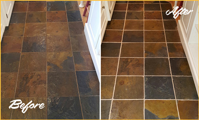 Before and After Picture of a Slate Floor Stone and Grout Cleaning
