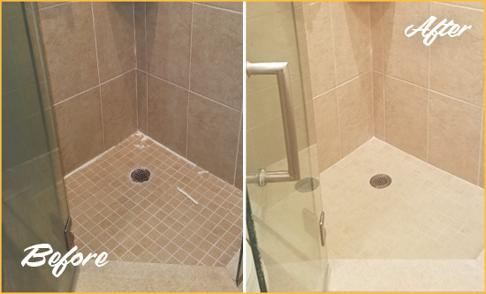 Picture of a Porcelain Tile Shower with Damaged Caulking Before and After a Bathroom Recaulking
